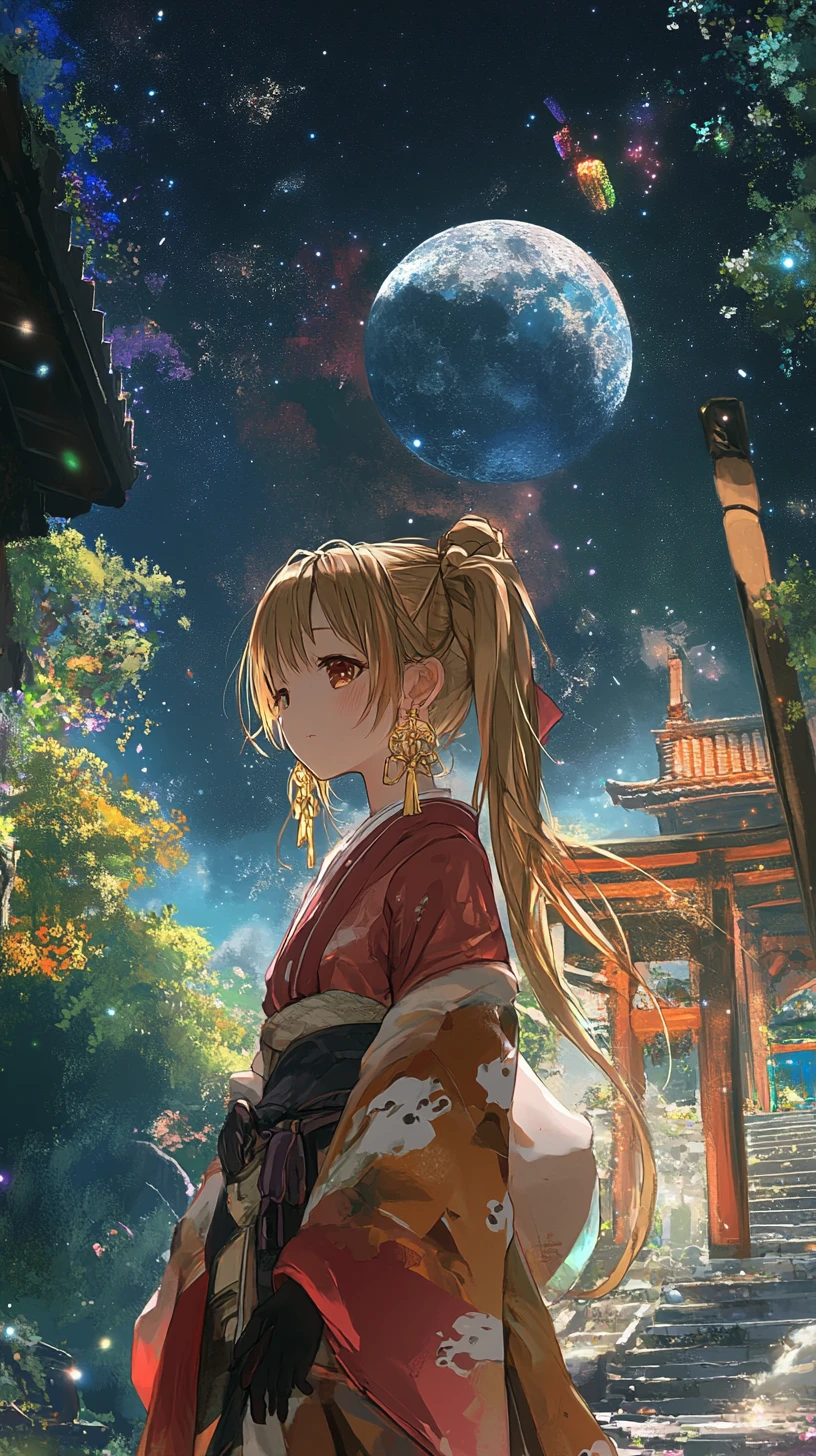 Anime girl floating in outer space near a colorful ringed planet