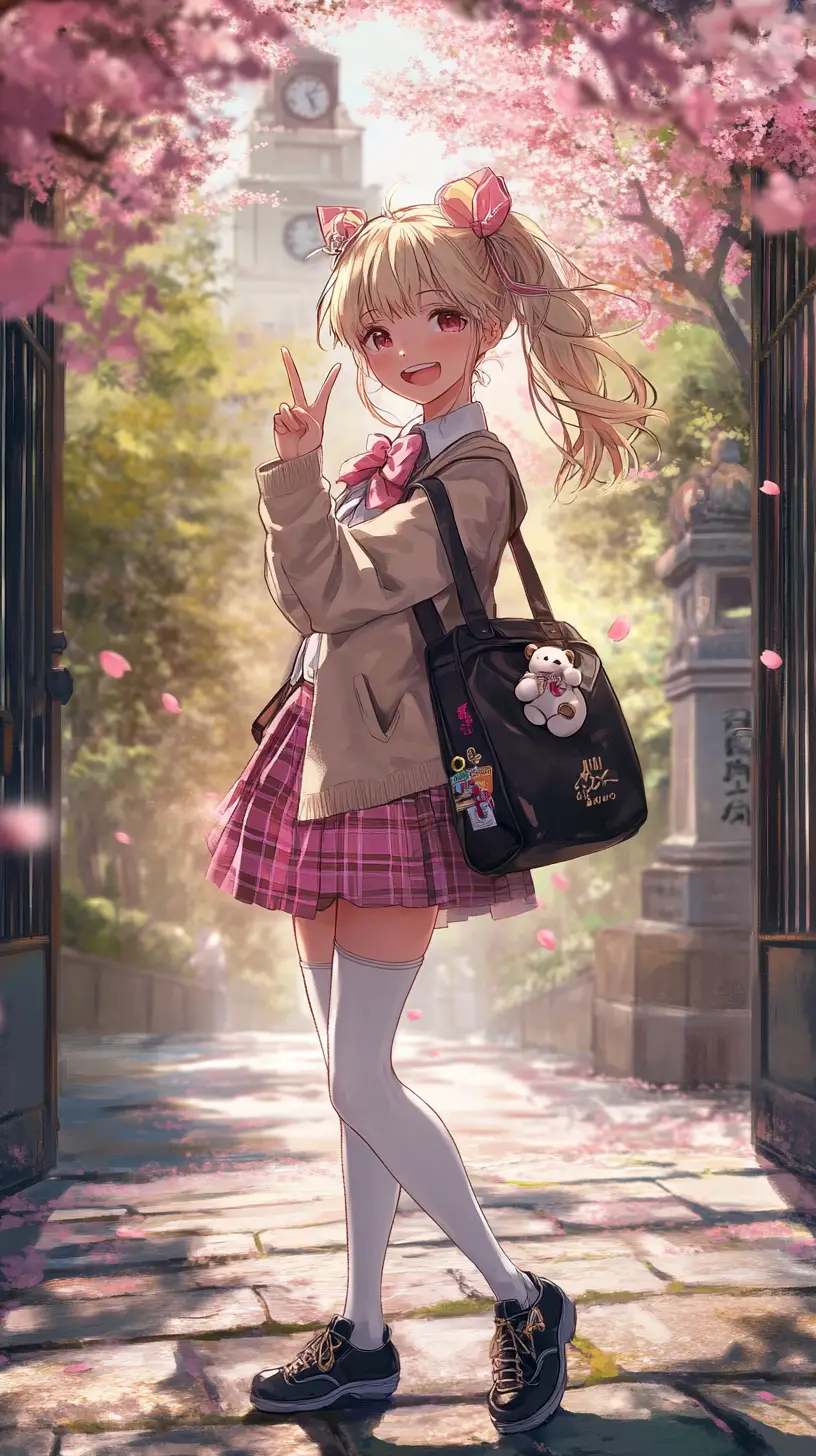 Alegre colegiala de anime bajo cerezos en flor