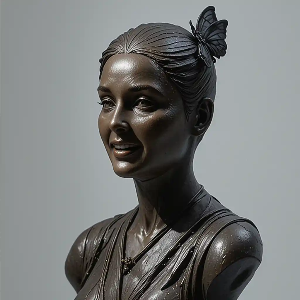 Busto de bronce de una mujer mayor con traje y pajarita