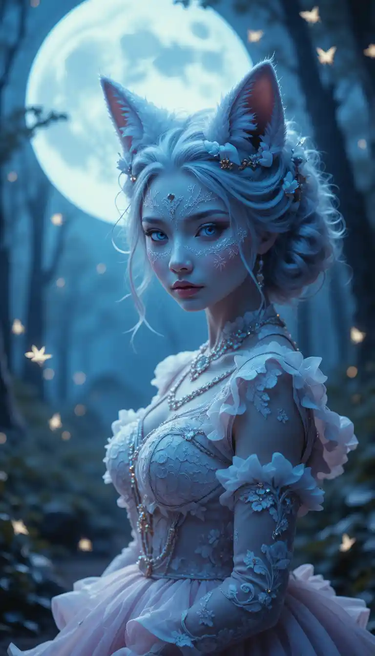 Gothic lolita girl in moonlit forest with fireflies