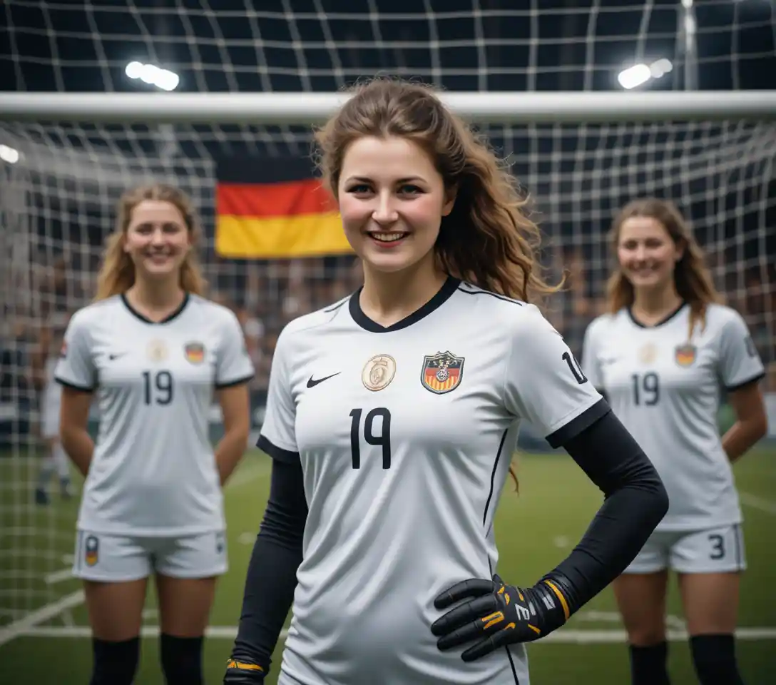 German soccer fan woman in close up under stadium spotlights