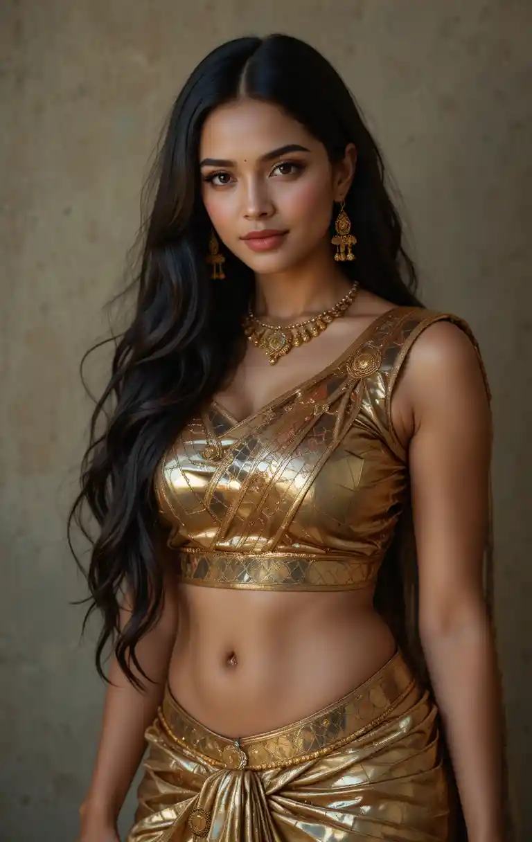 Tamil woman in saree bending forward full body fashion pose