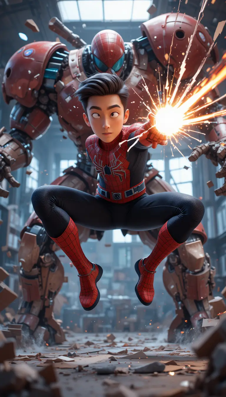 Superhero battles giant robot in 3D lab scene