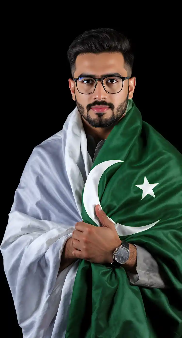 Proud Pakistani man with national flag in dramatic portrait