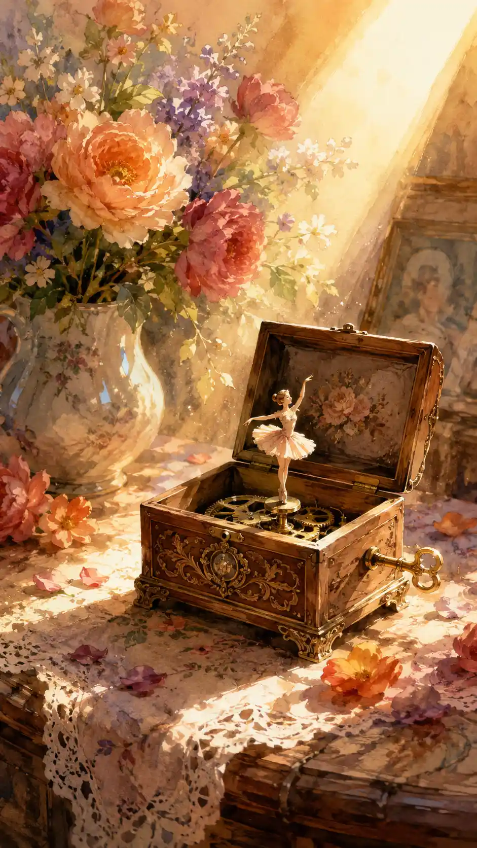 Wooden music box with dancing ballerina on a sunlit table