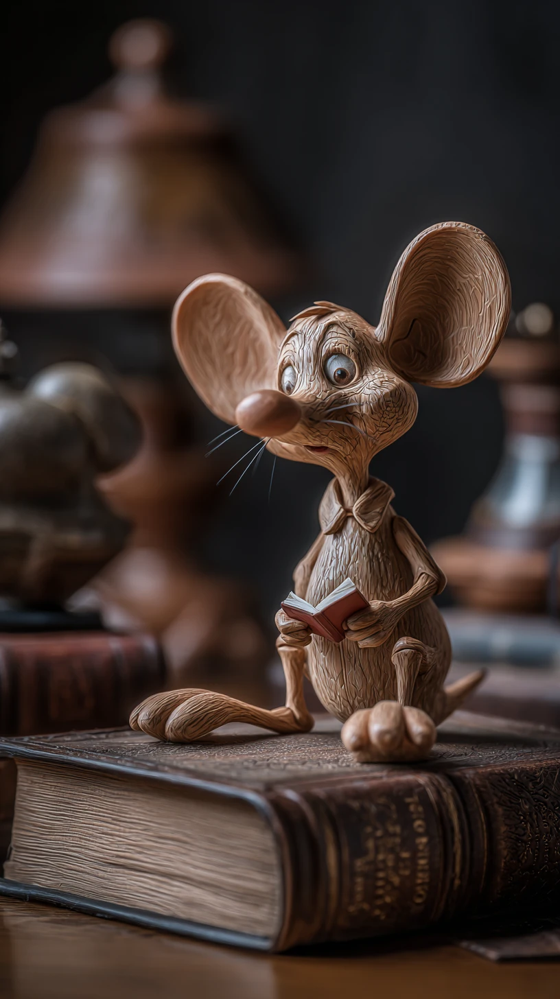 Wooden mouse figurine reading a book on desk
