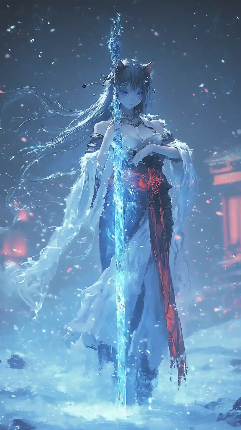 Ice themed anime girl in a burnt snowflake dress