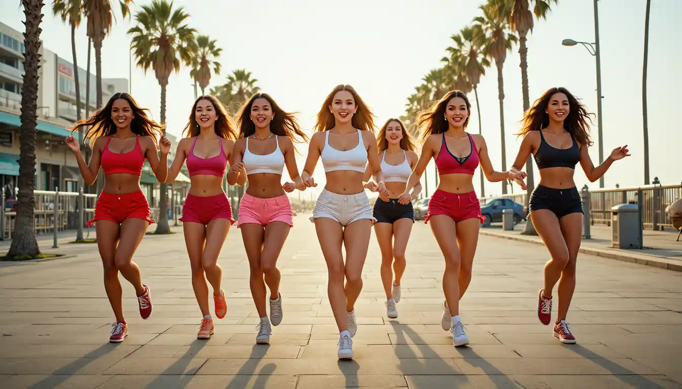 Group of young women dancing on sunny beach promenade