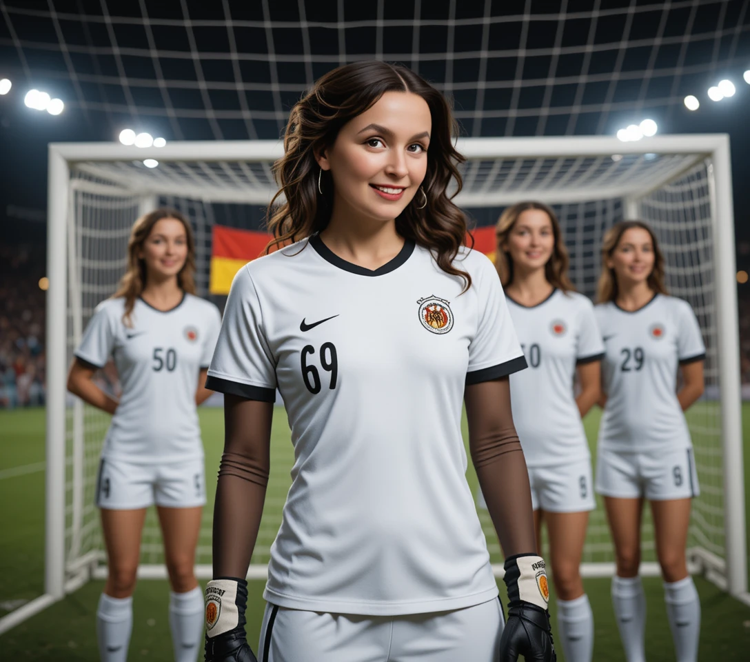 Close up of German female soccer player in spotlight