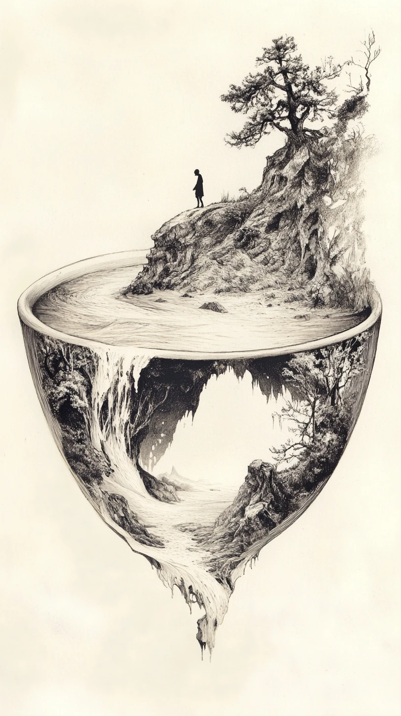 Overturned teacup world with tiny figure on the rim