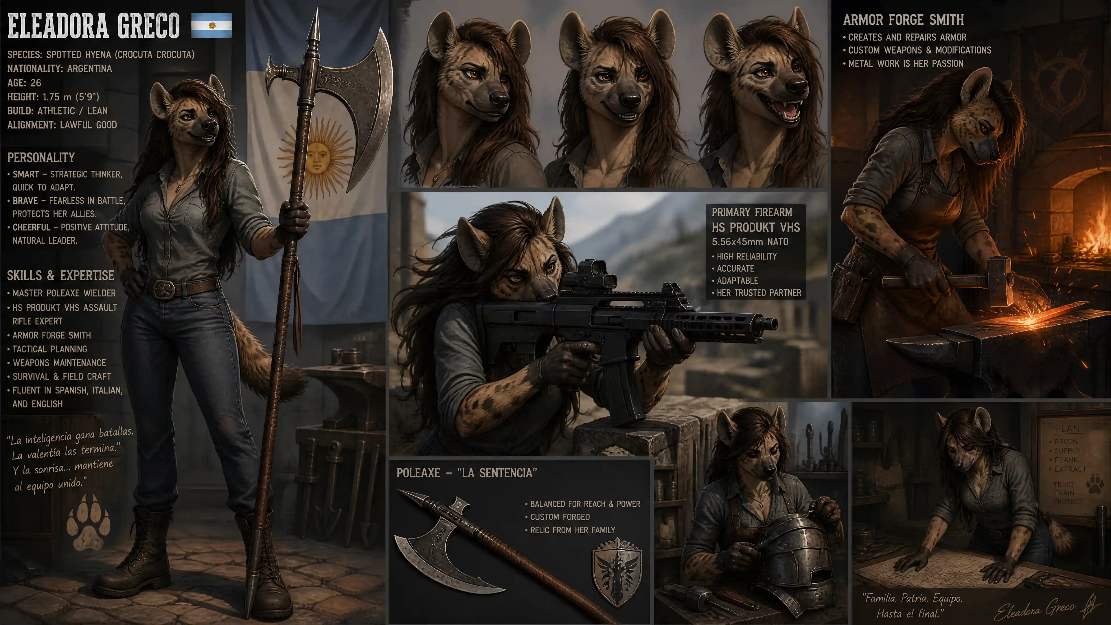 Argentinian hyena warrior woman with rifle and poleaxe