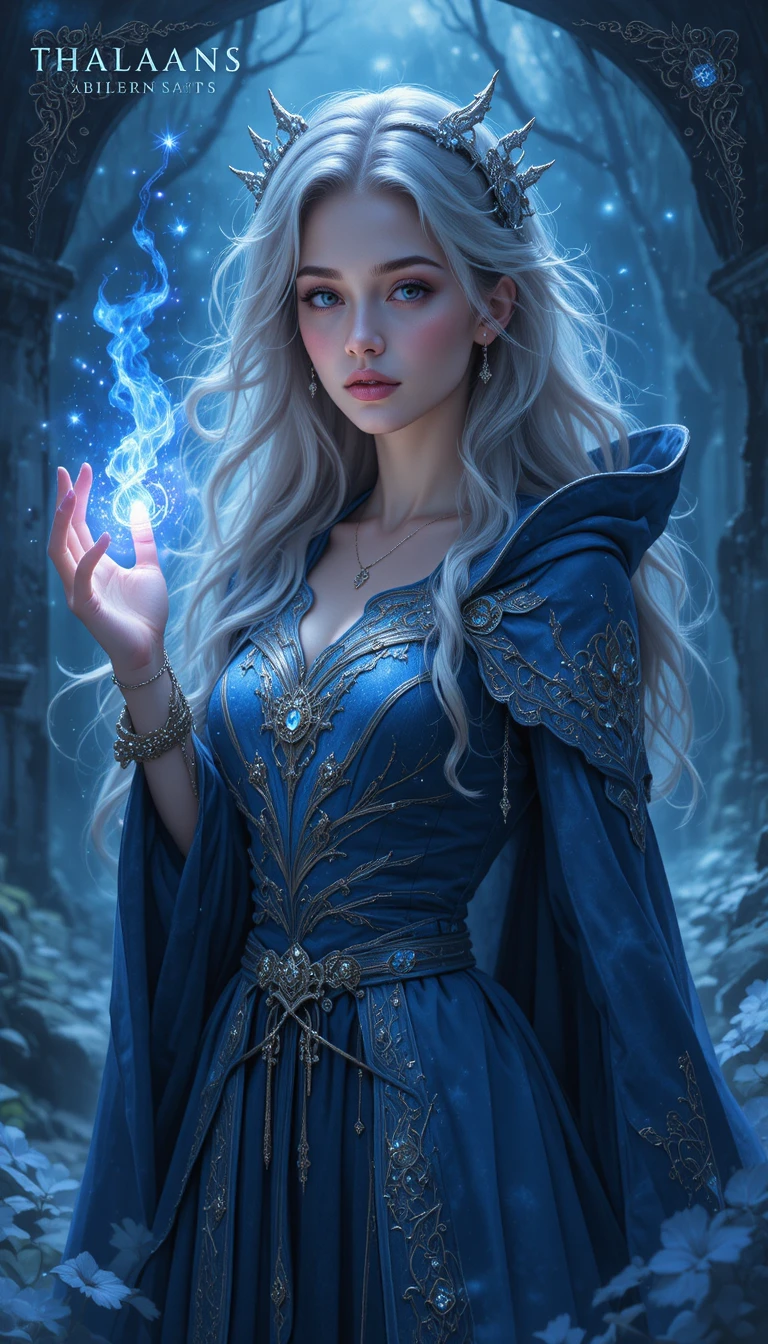 Young sorcerer girl in a starry blue robe in space