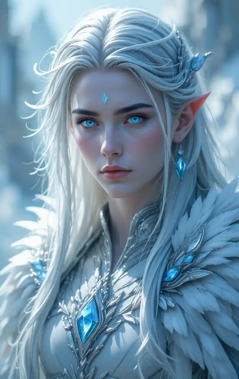 Anime ice valkyrie warrior with silver hair and wings