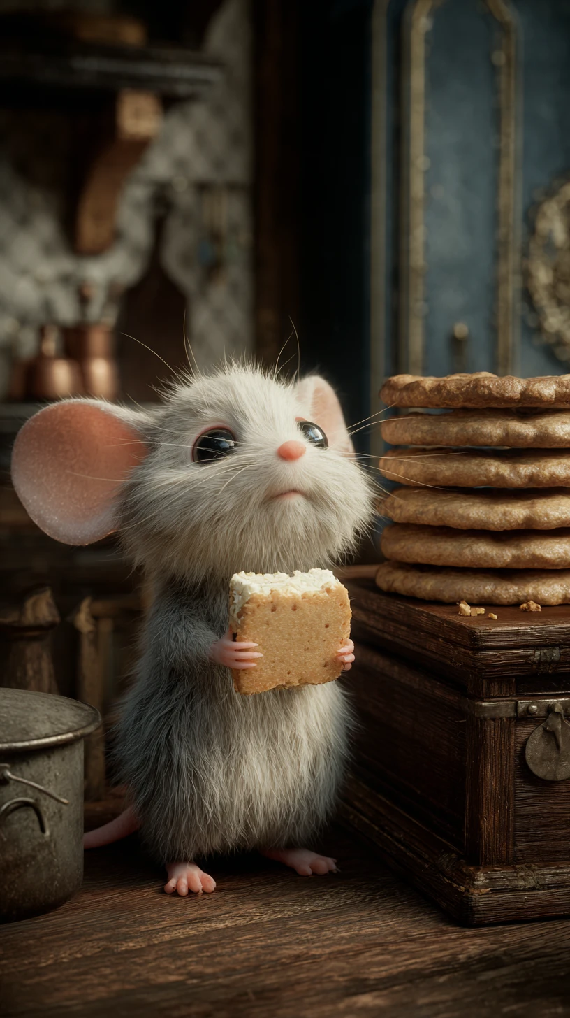 Cute little mouse stealing a cookie in antique kitchen
