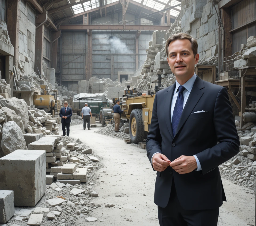 Business expert visiting an active stone cutting factory