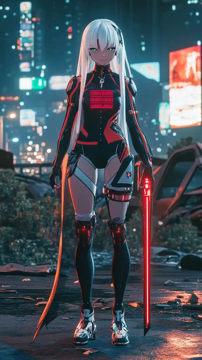 Anime girl in futuristic armor with glowing red details