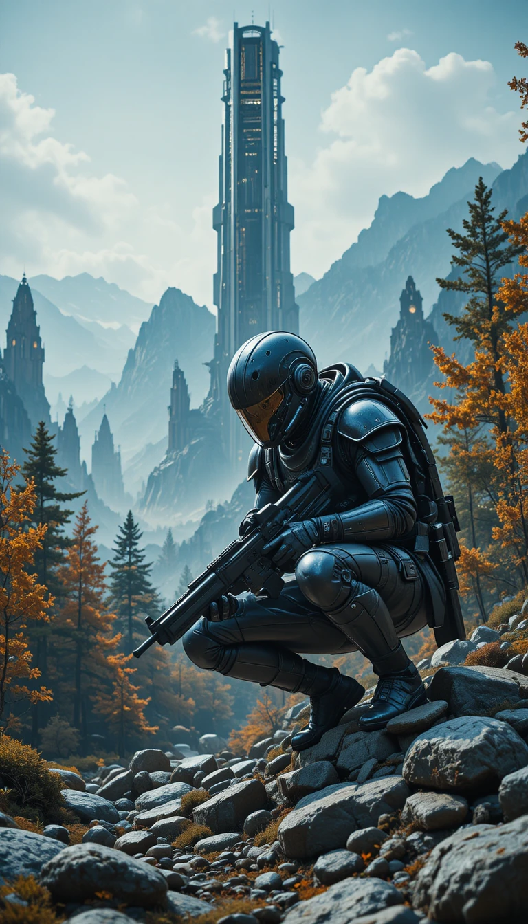 Futuristic armored warrior crouching in a misty forest