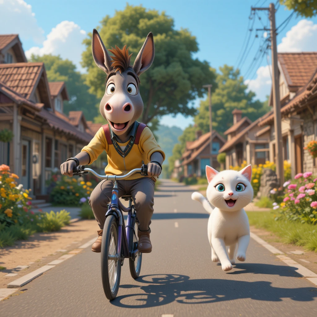 Donkey Cycling While A Cute White Cat Chases Him In Village