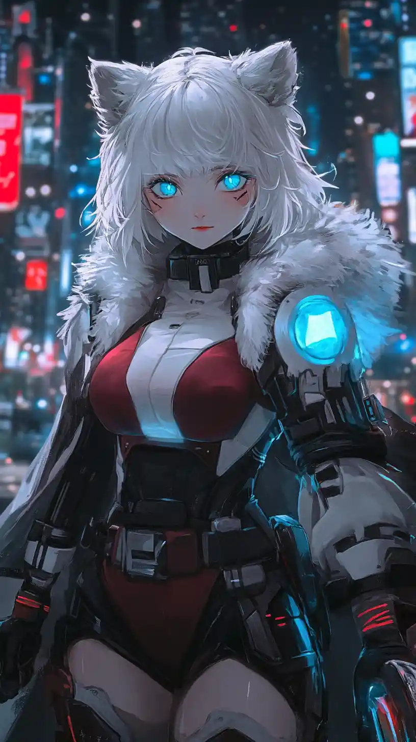 Anime girl in white bear fur armor with icy blue eyes