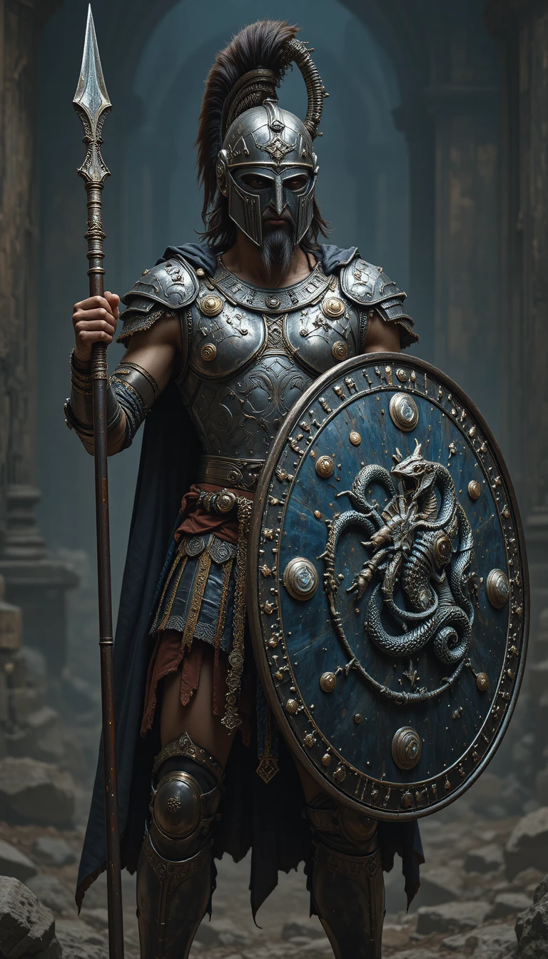 Armored warrior king fastening greaves before battle