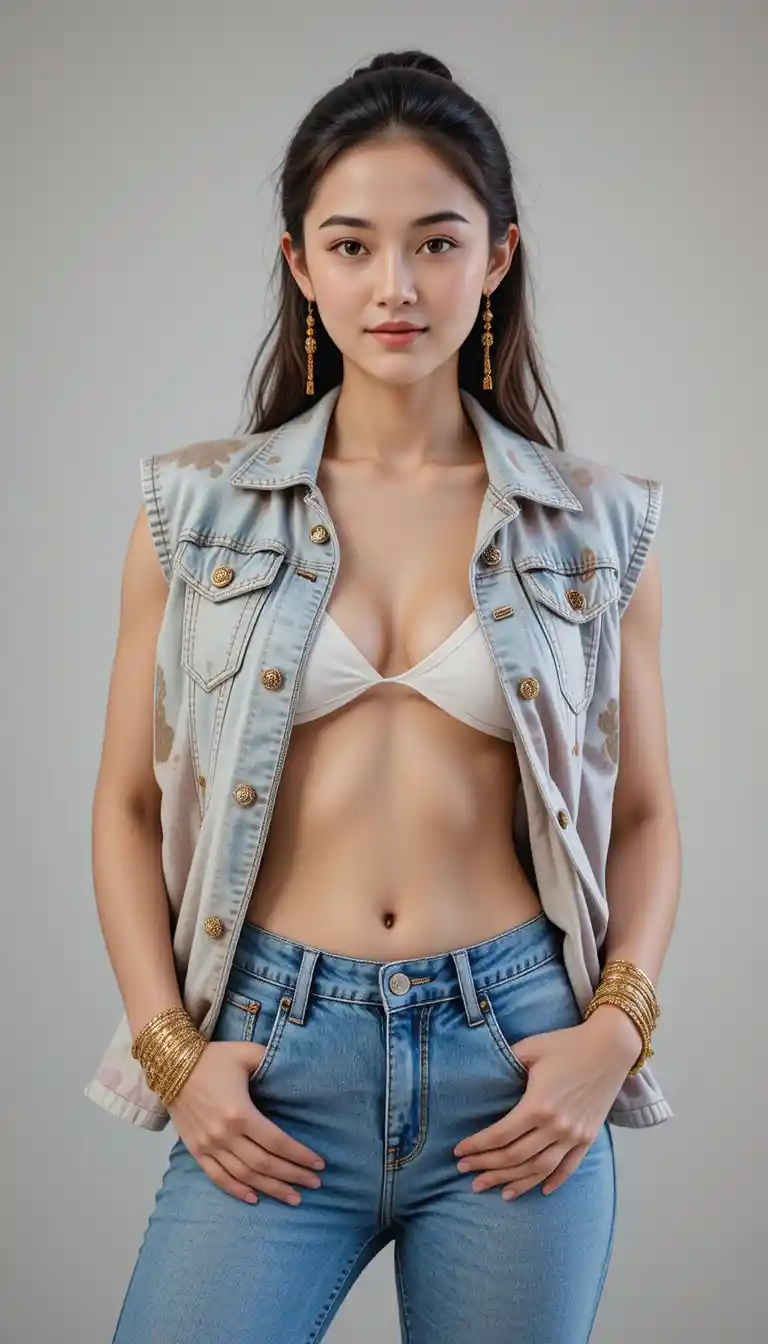 Smiling woman in open vest and jeans with bracelets