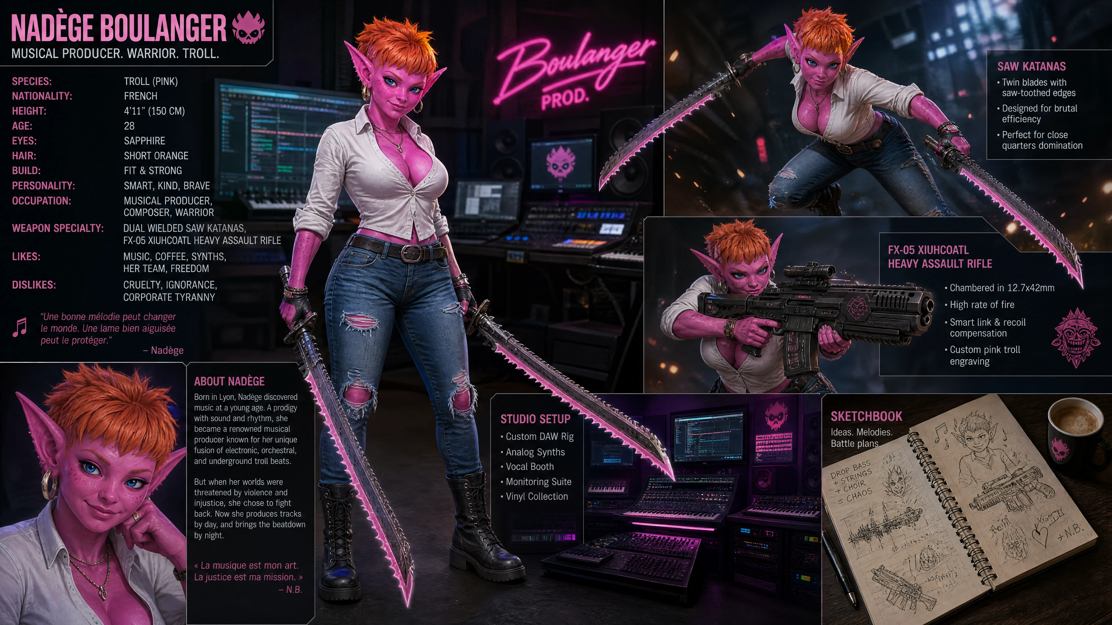 Pink troll woman dual wielding saw katanas with rifle
