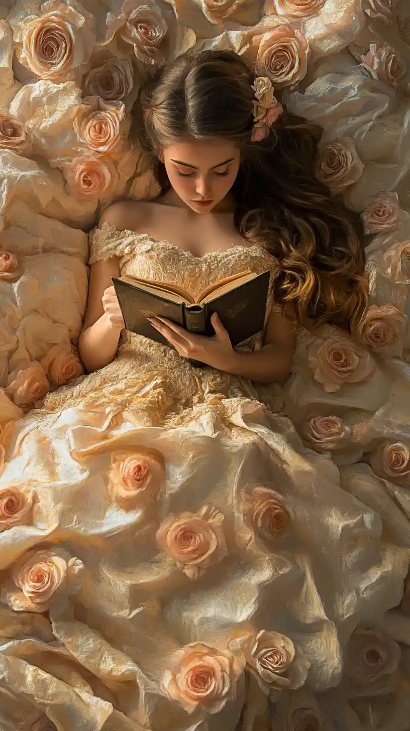 Young woman in golden dress reading on rose covered bed