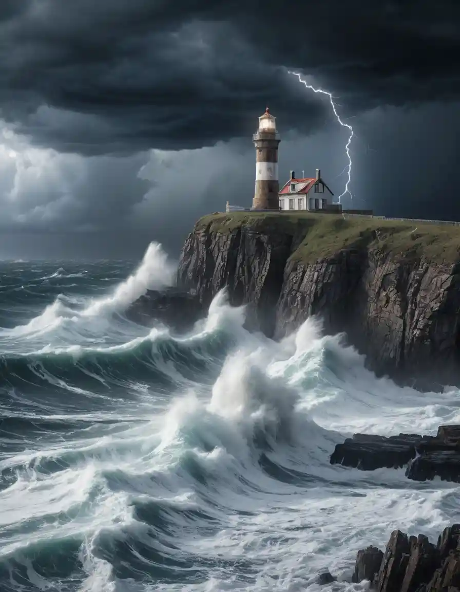 Lighthouse Facing Towering Waves In A Violent Ocean Storm