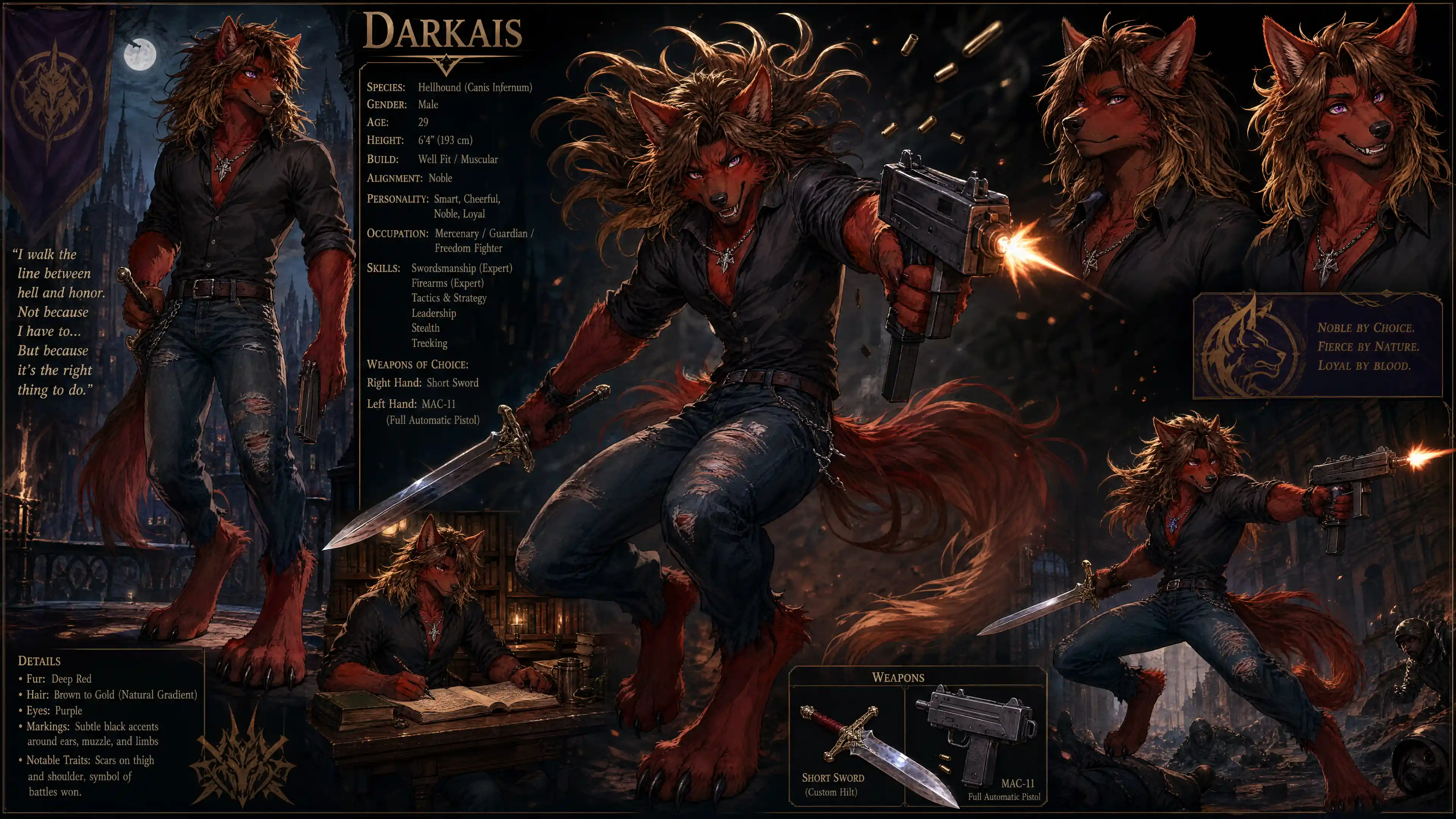 Cheerful anthro hellhound warrior with sword and pistol