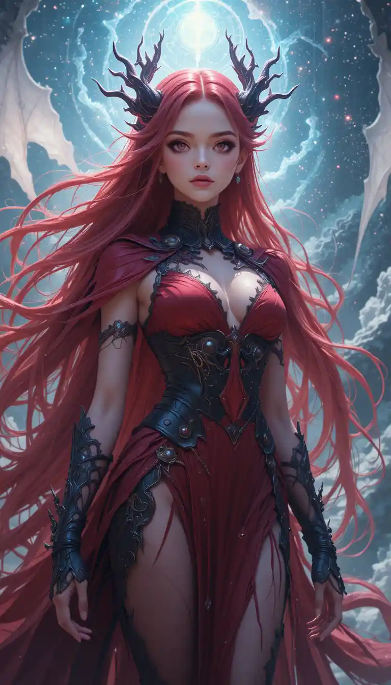 Red haired anime dragon woman in ornate draconic armor