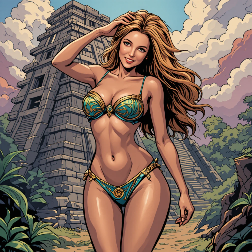 Amazon woman in micro bikini at ancient Aztec temple