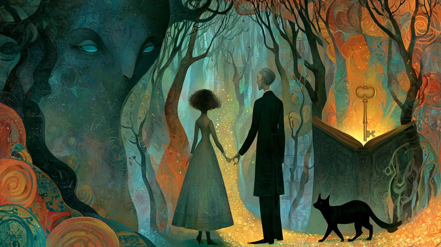 Woman and companions follow a glowing key trail to library