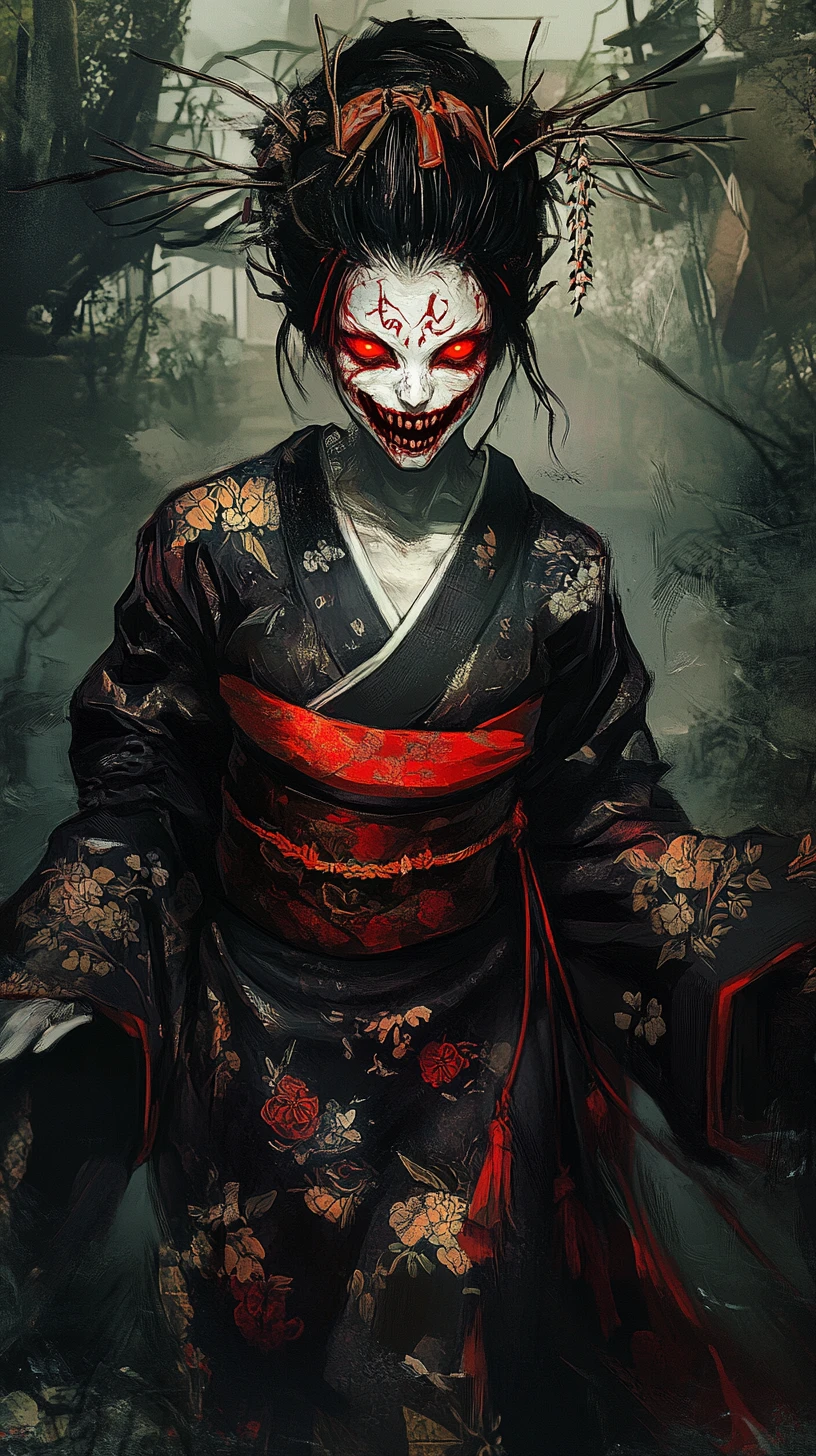 Terrifying anime spirit woman in a dark forest swamp