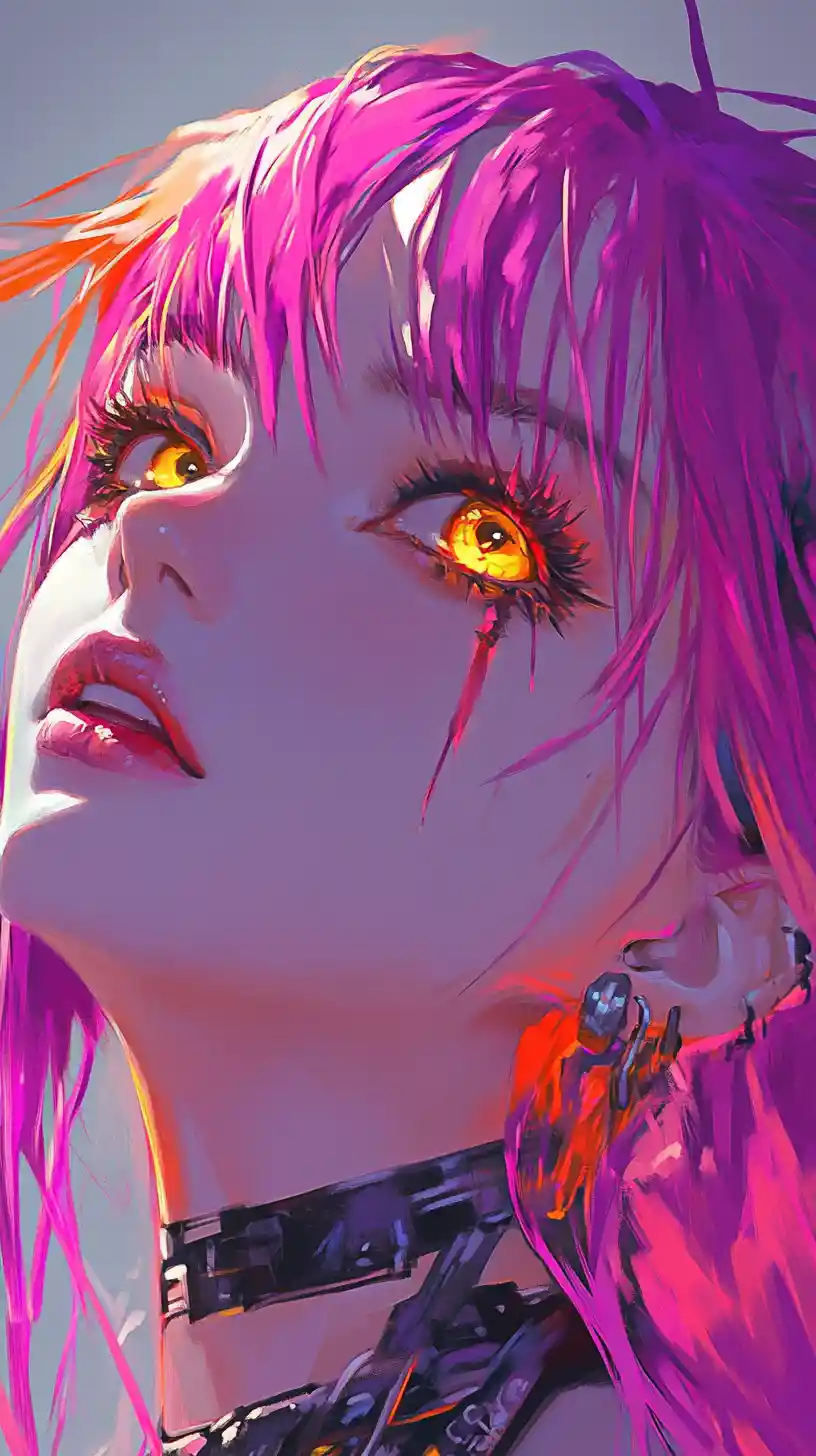 Anime woman with glowing magenta hair and emerald eyes