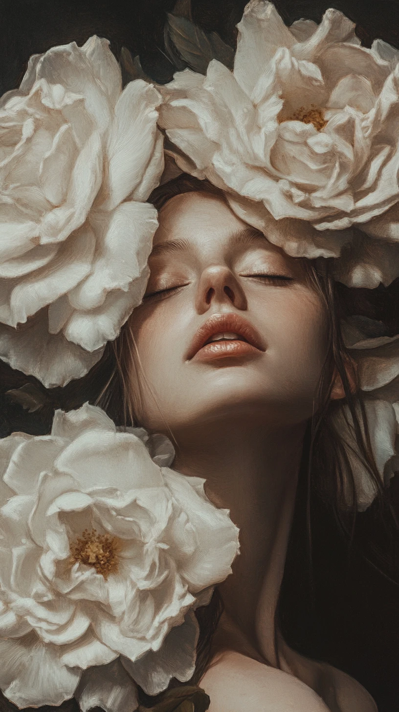 Retrato en primer plano de una mujer con rosas blancas