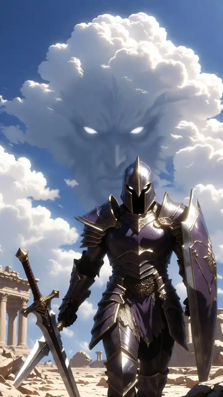 Warrior Leaving Ancient Temple Ruins Under Glowing Sky