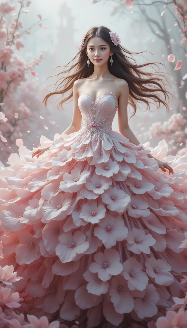 Elegant woman in flowing floral petal dress