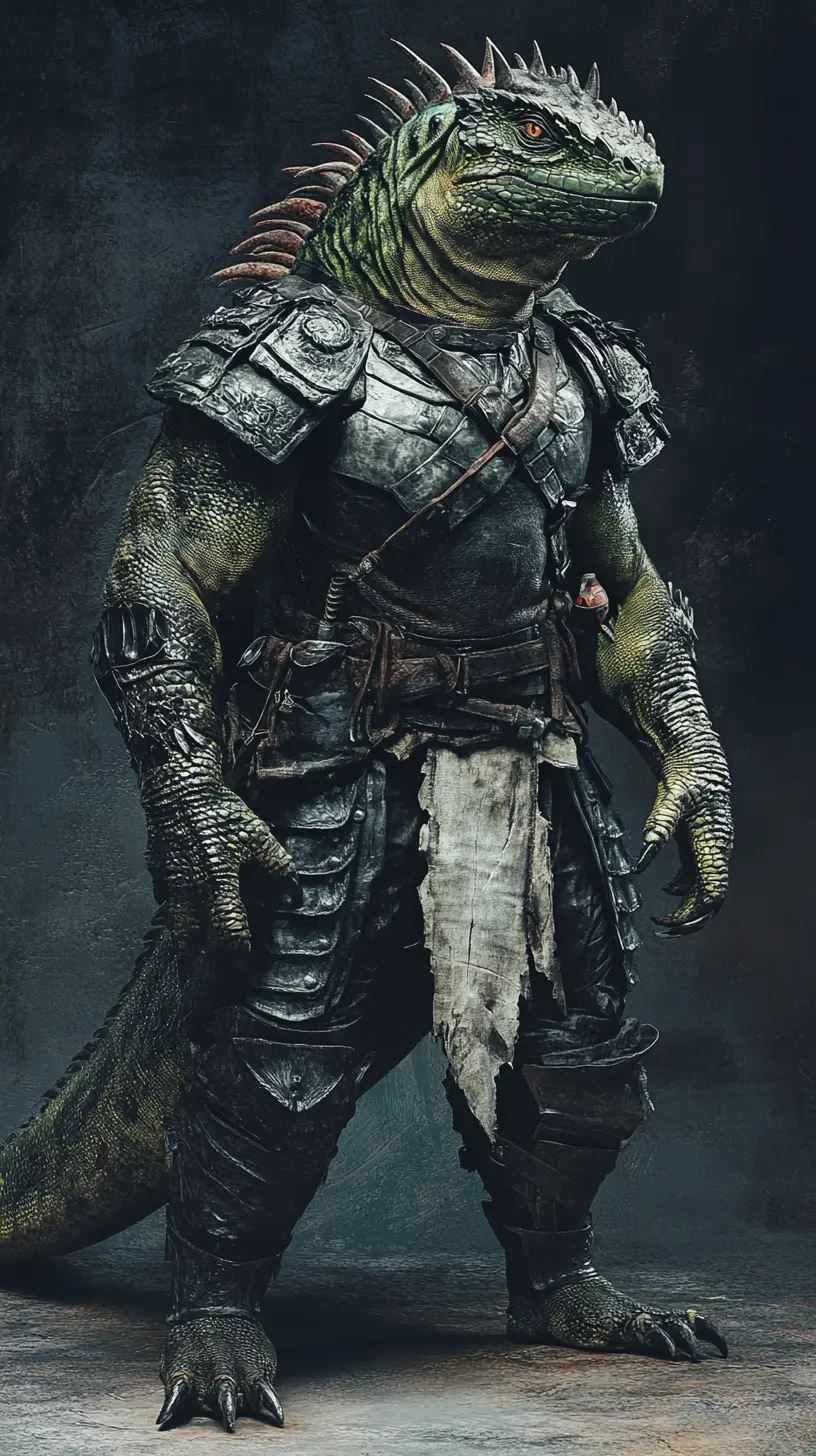 Iguana war god in ceremonial armor from a low angle