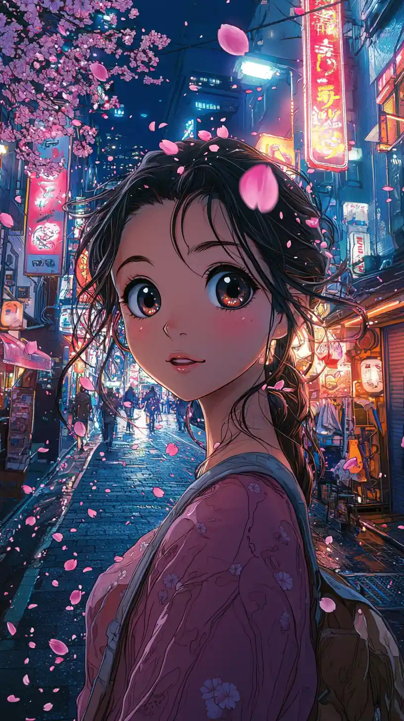 Anime girl at dusk on neon tokyo street with sakura