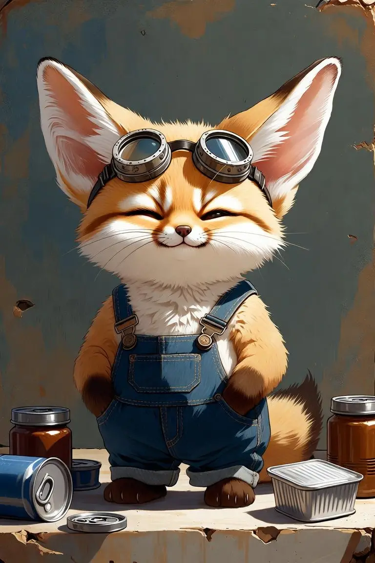 Cartoon fennec fox in denim overalls with steampunk goggles
