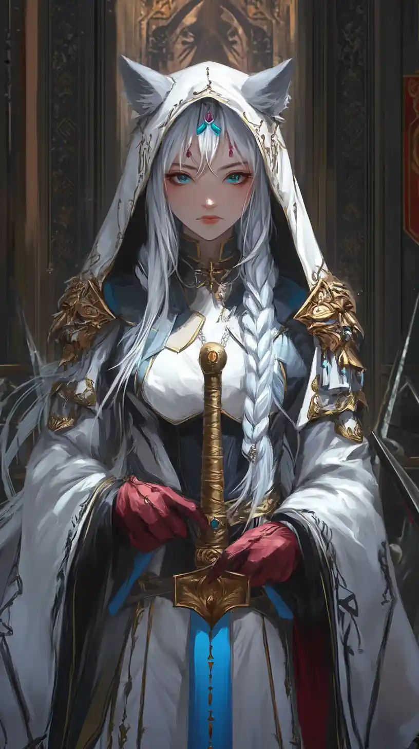 Golden haired armored girl with halberd before a throne