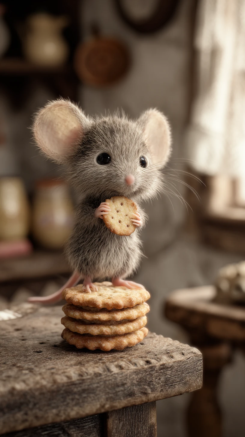 Cute little mouse stealing cookie on an old wooden table
