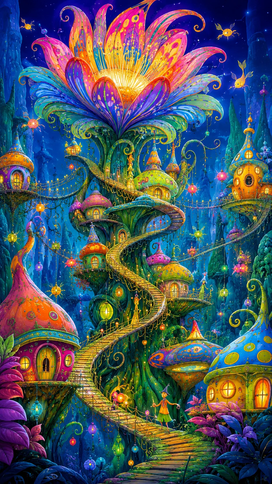 Bioluminescent flower village in an enchanted forest