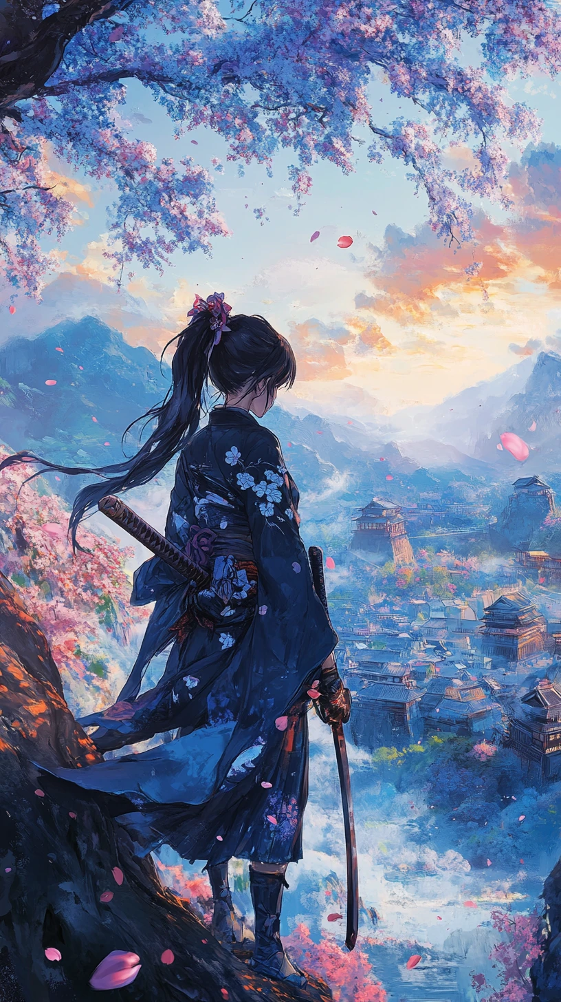 Anime ninja woman on tree above ancient mountain village