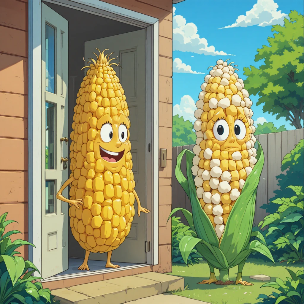 Smiling Cartoon Corn Enjoying Cool Air Inside A House