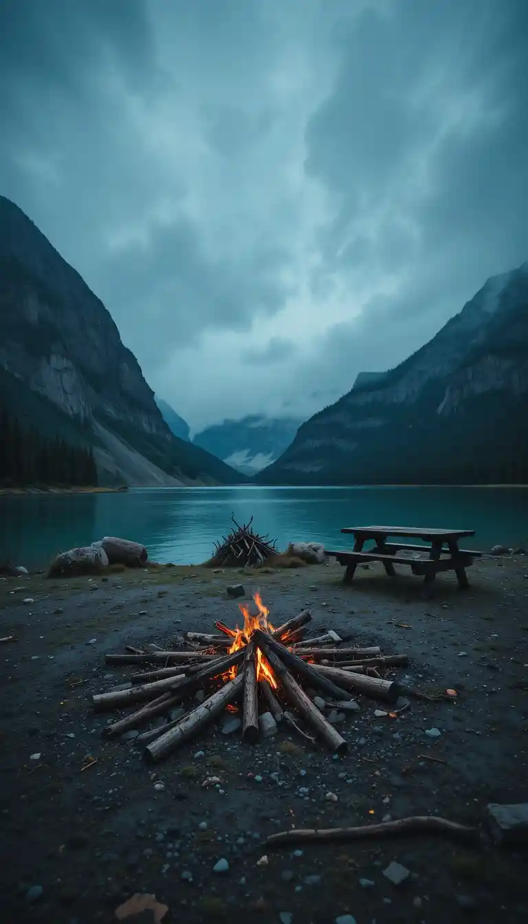 Desolate campsite by a misty lake at twilight