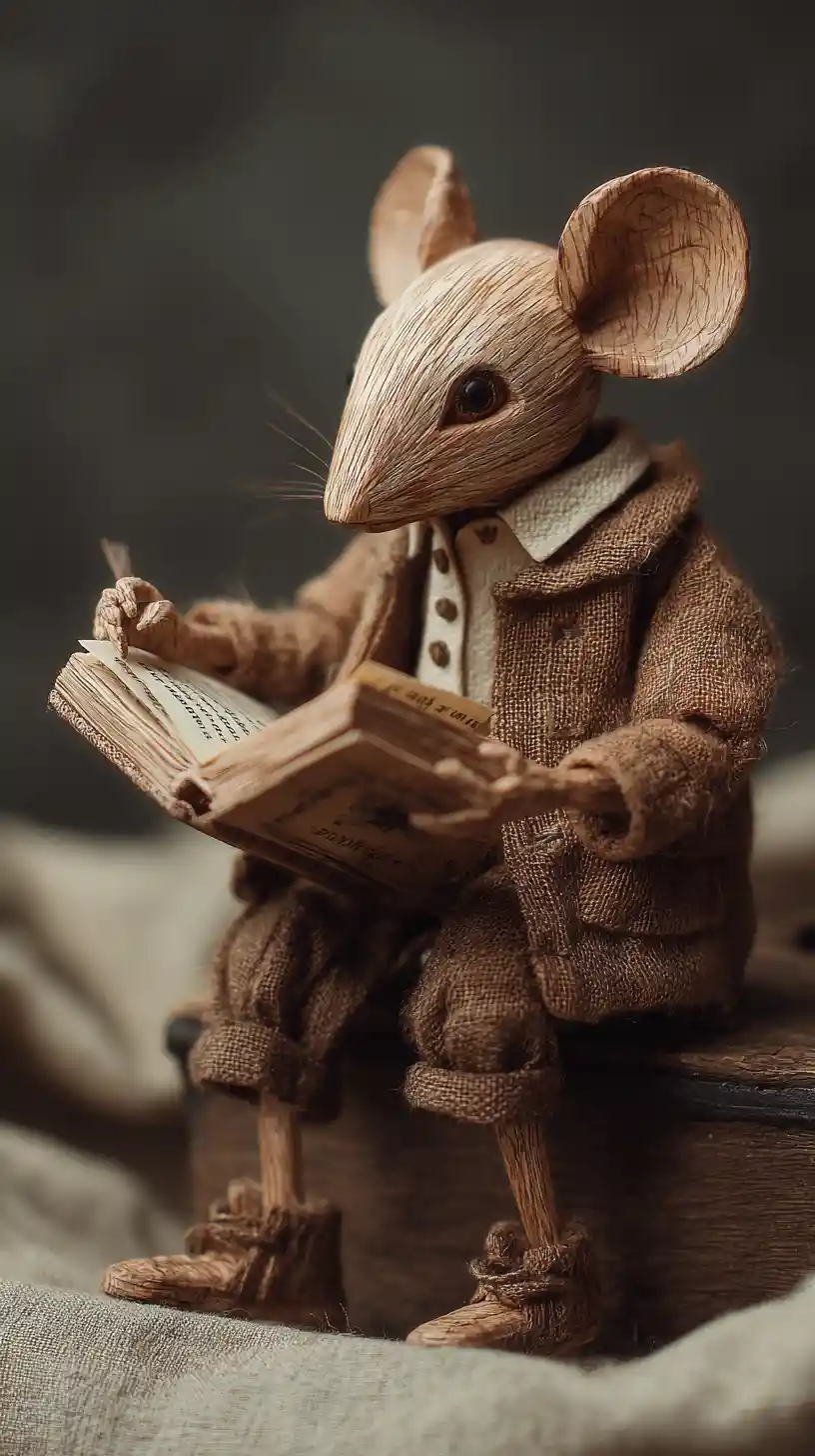 Rato de madeira ganhando vida enquanto lê um livro