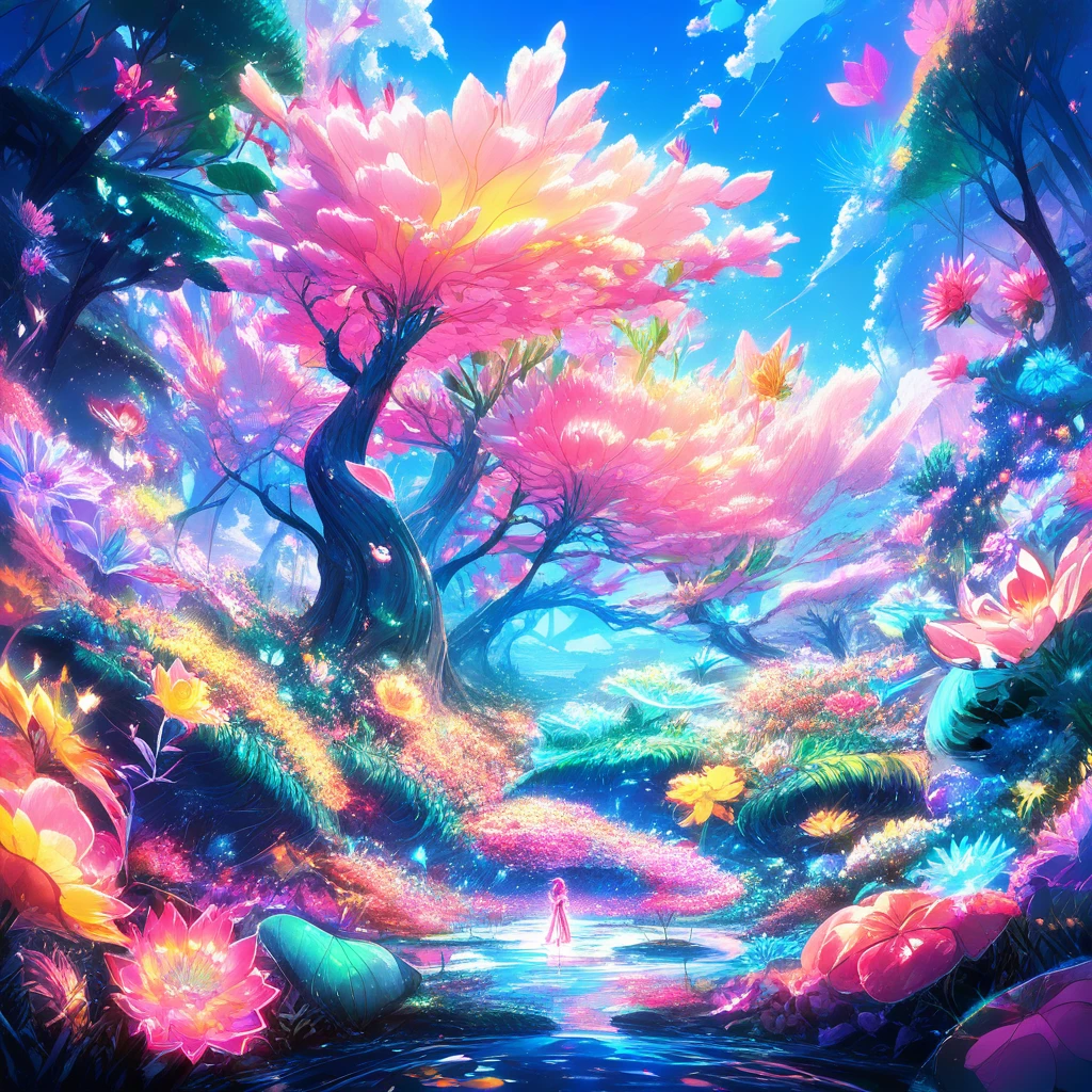 Translucent aliens exploring a lush surreal alien landscape