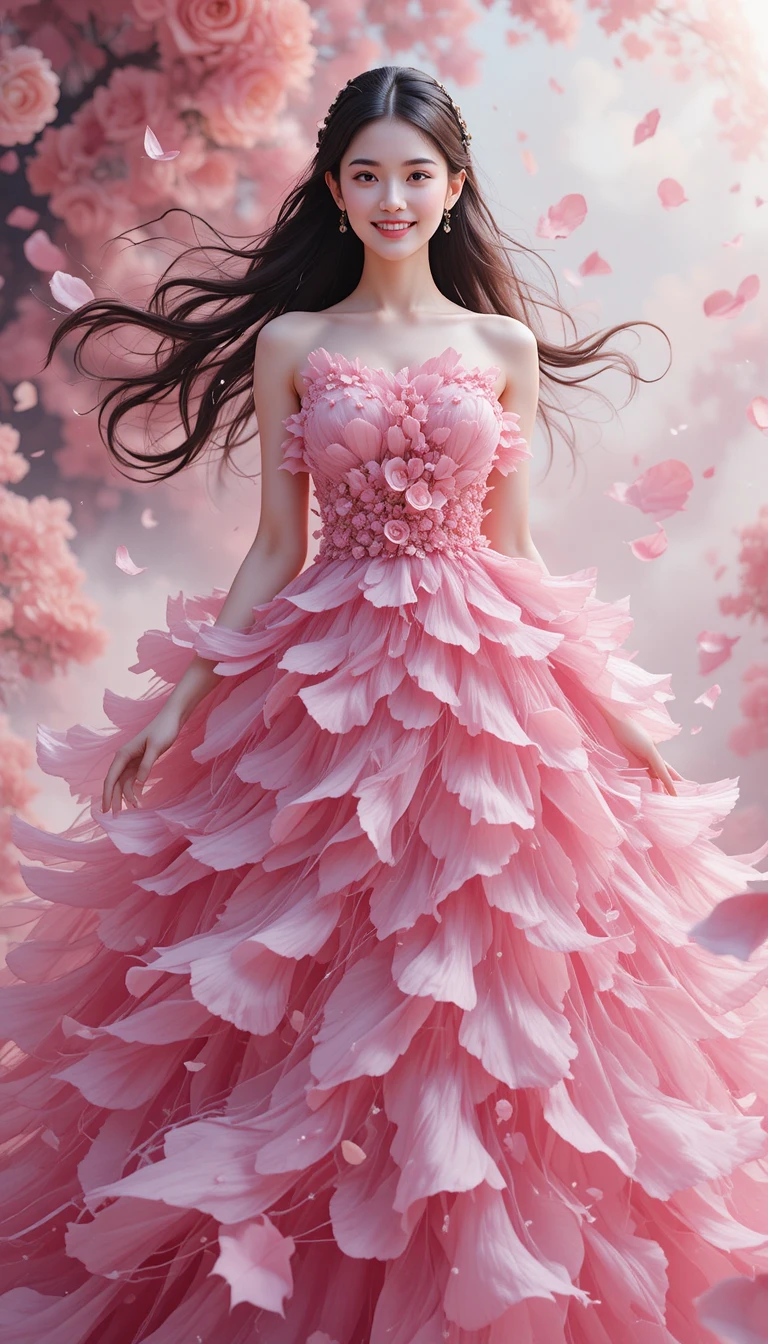 Elegant woman in pink floral dress blooming with petals