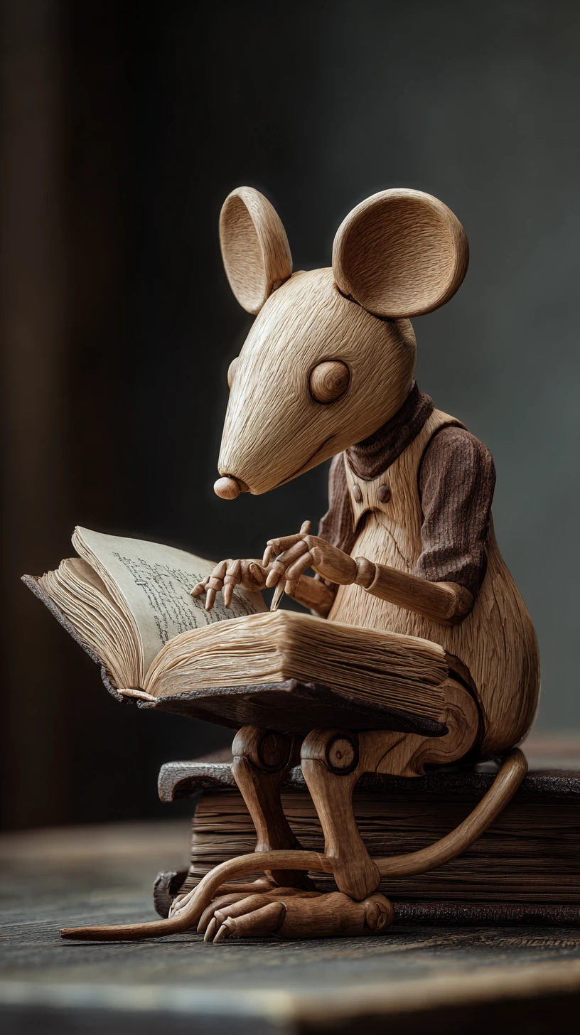 Wooden mouse figurine reading a book on desk